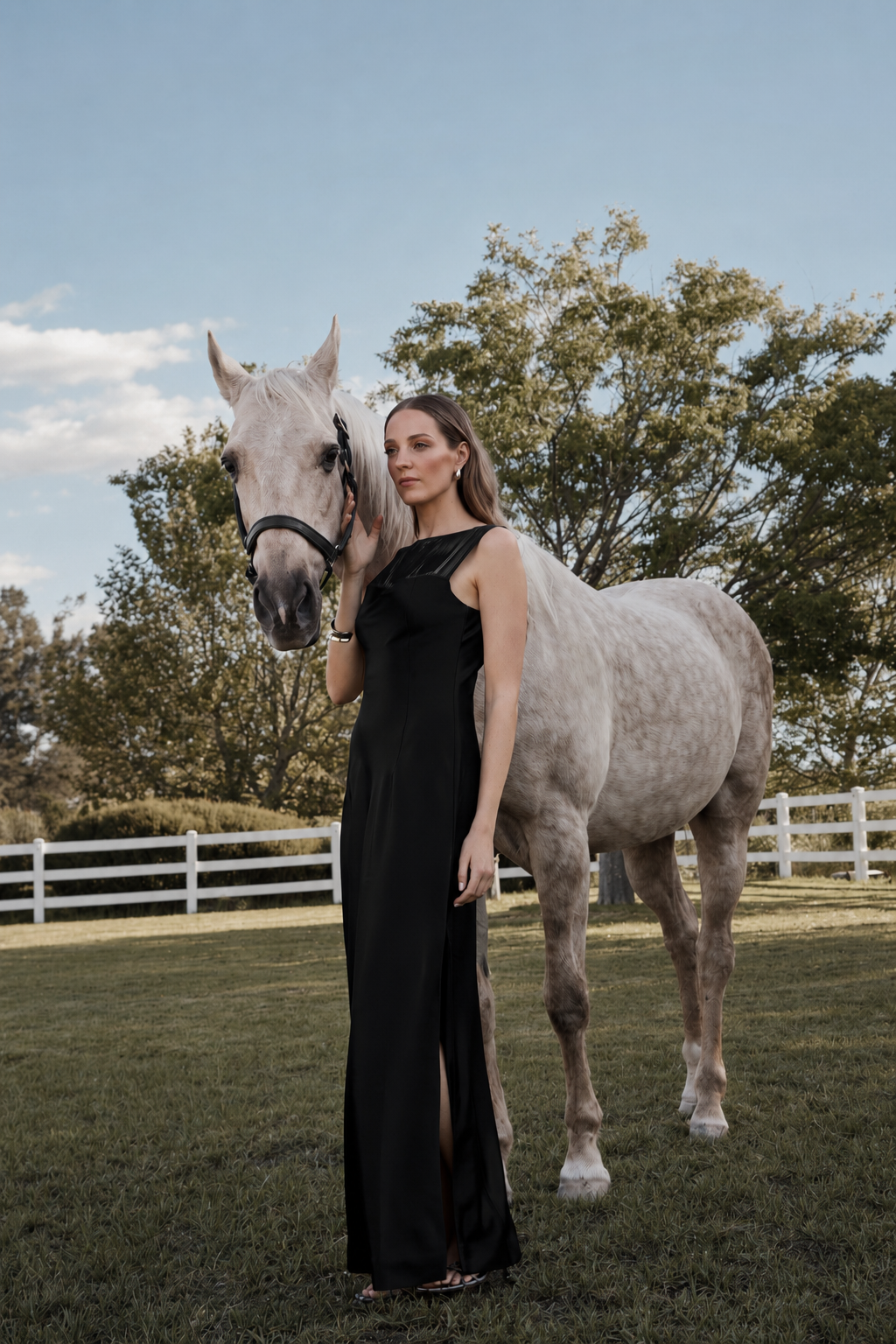 Woman in a black dress standing next to a gray horse in an outdoor setting with trees and a fence.