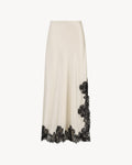 Anouk Maxi Skirt in Feather White, a satin lace skirt with black lace trim and ankle-length silhouette.