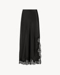 Anouk Maxi Skirt in Midnight Black, a satin lace skirt with tonal lace trim and ankle-length silhouette.