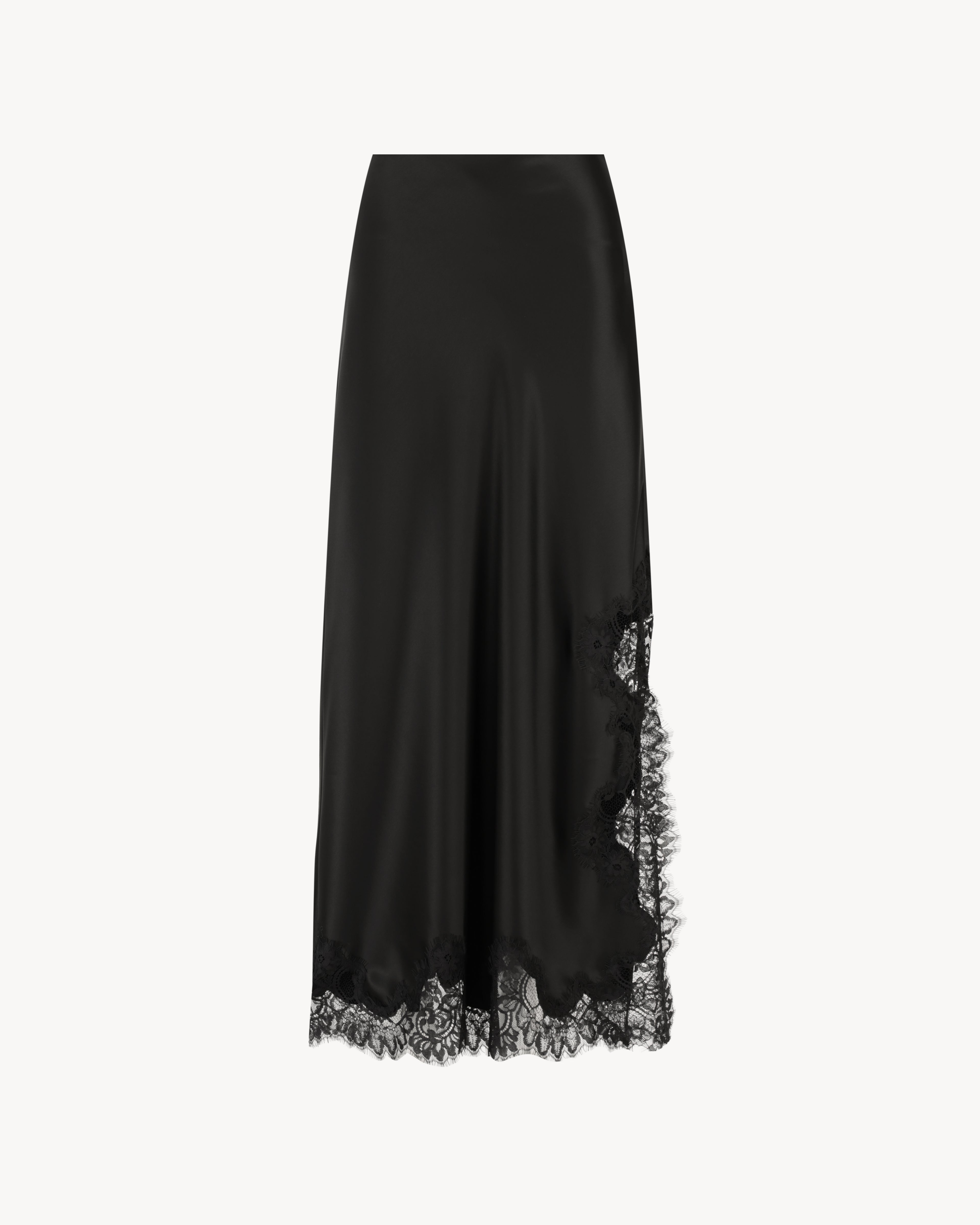 Anouk Maxi Skirt in Midnight Black, a satin lace skirt with tonal lace trim and ankle-length silhouette.