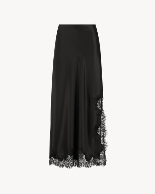Anouk Maxi Skirt in Midnight Black, a satin lace skirt with tonal lace trim and ankle-length silhouette.