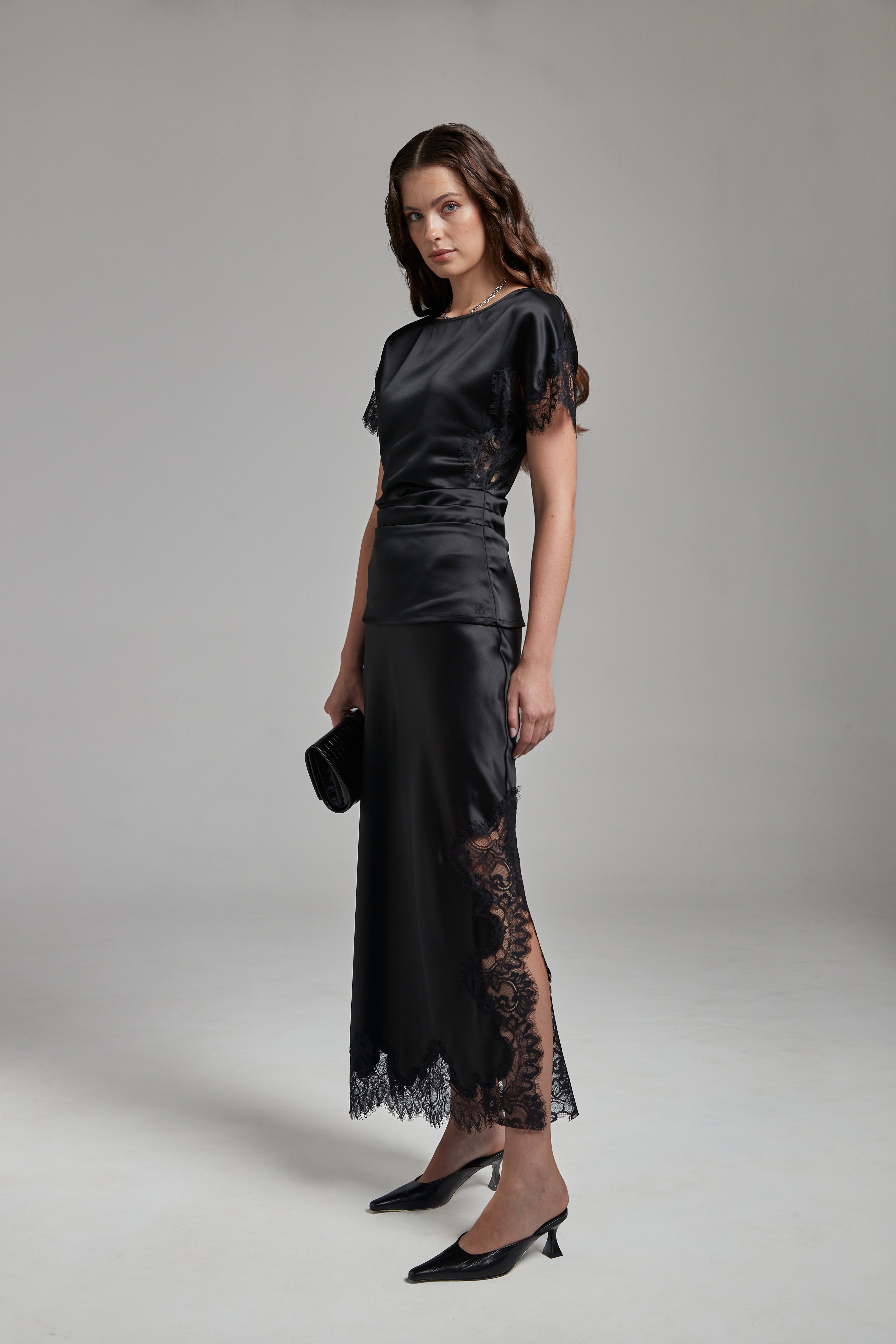 black maxi skirt dress Anouk in Midnight | Black Satin Maxi Skirt fiesteria - Set: Plain have staple for every Color:Blue Jay AW25DR1577