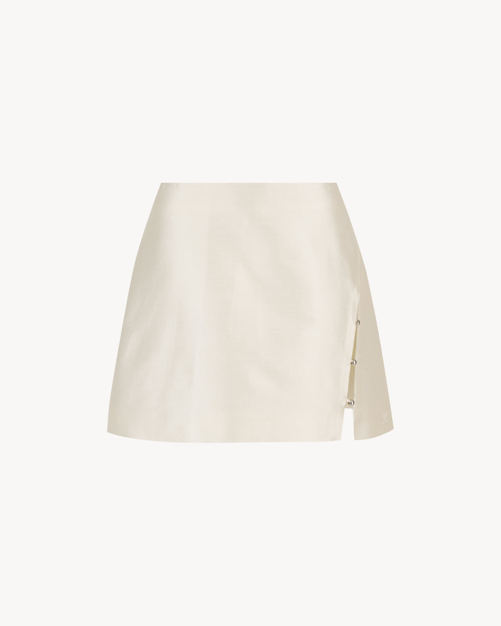 Anya Mini Skirt in Feather White, a wool silk mini skirt with faux-wrap front, side slit and bead detail.