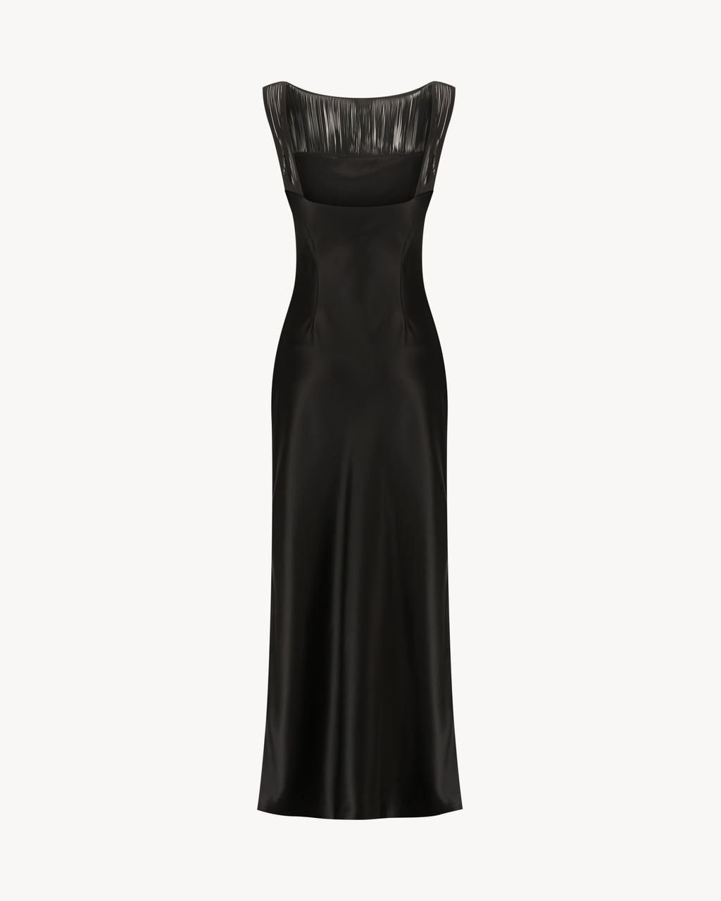 Carolyn Maxi Dress in Midnight Black, a satin maxi dress with a clean back neckline and fringe detail.