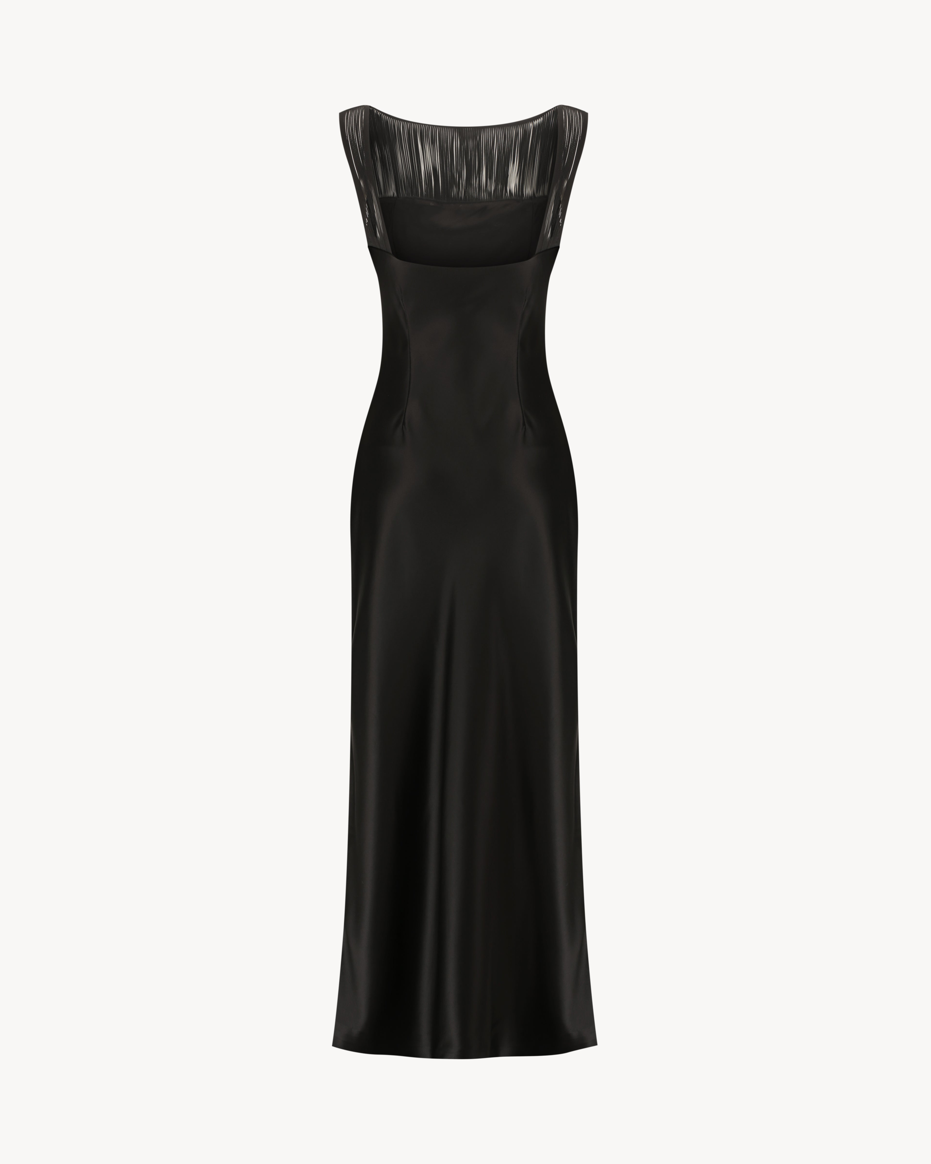 Carolyn Maxi Dress in Midnight Black, a satin maxi dress with a clean back neckline and fringe detail.