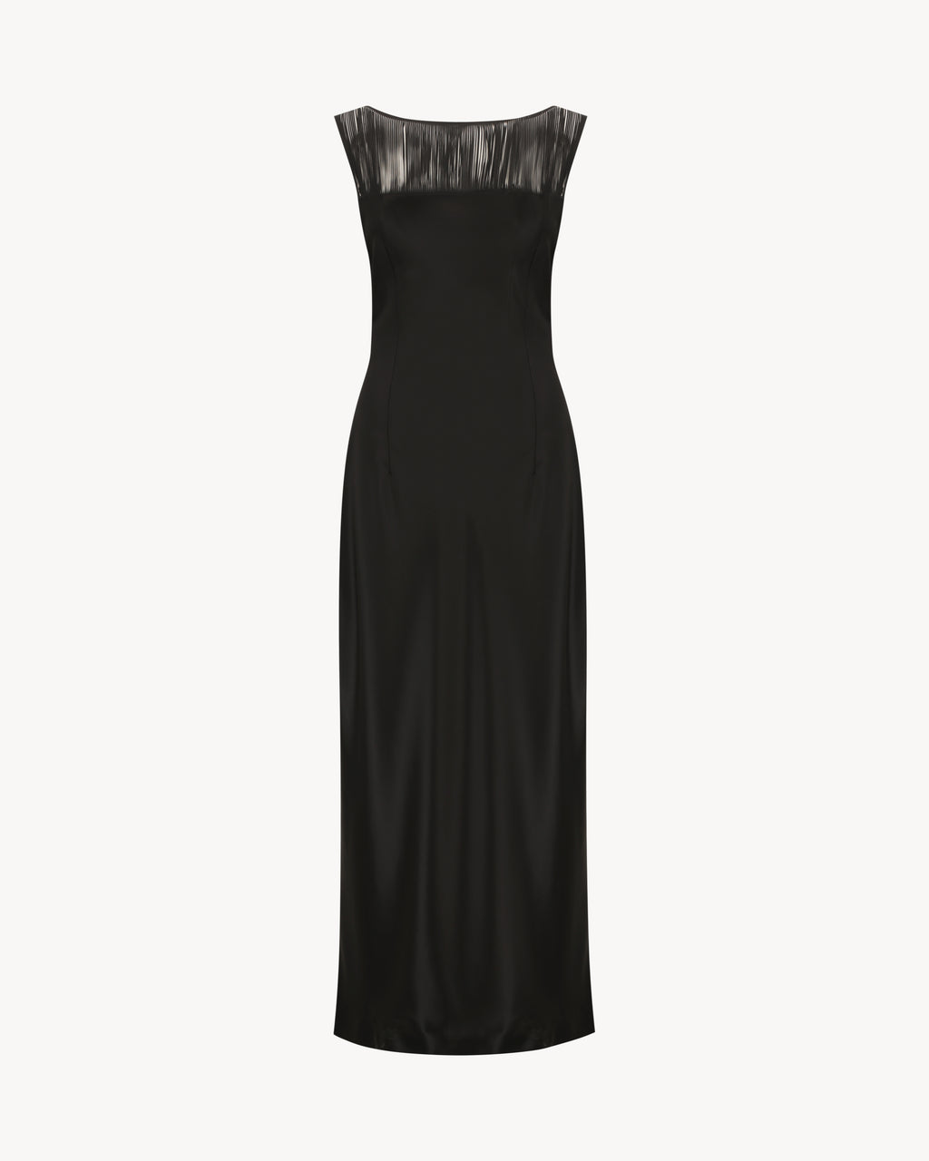 Carolyn Maxi Dress in Midnight Black, a satin maxi dress with a boat neckline and fringe detail.
