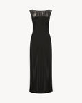 Carolyn Maxi Dress in Midnight Black, a satin maxi dress with a boat neckline and fringe detail.