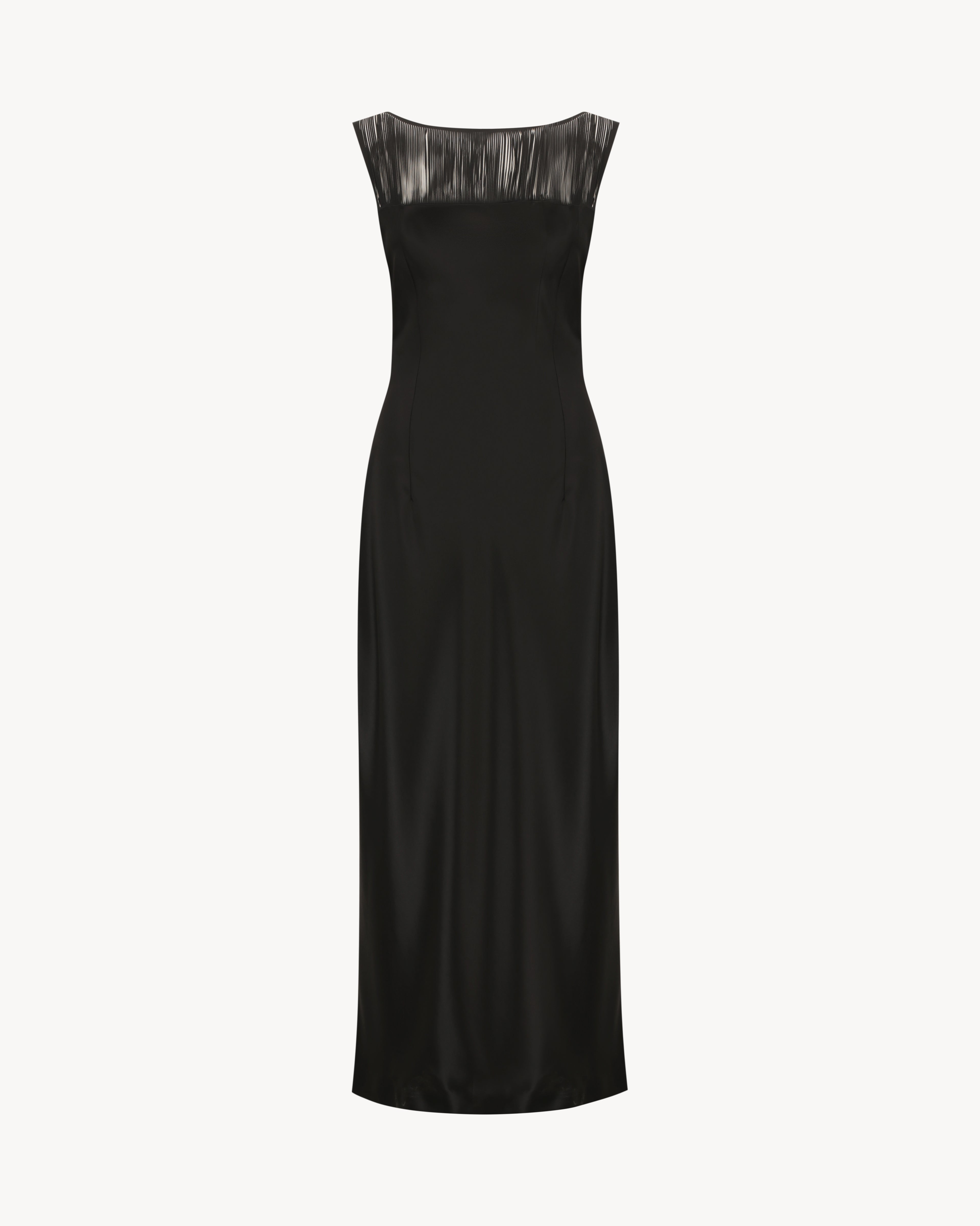 Carolyn Maxi Dress in Midnight Black, a satin maxi dress with a boat neckline and fringe detail.