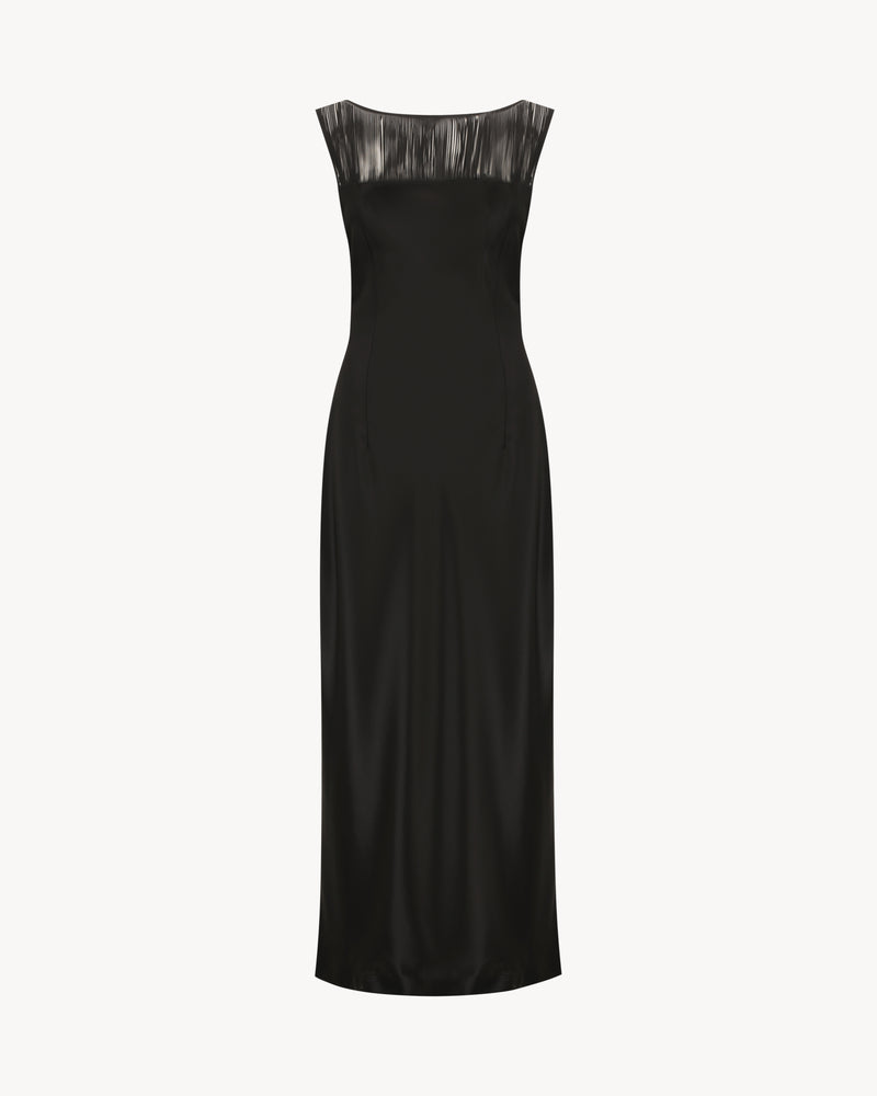 Carolyn Maxi Dress in Midnight Black, a satin maxi dress with a boat neckline and fringe detail.