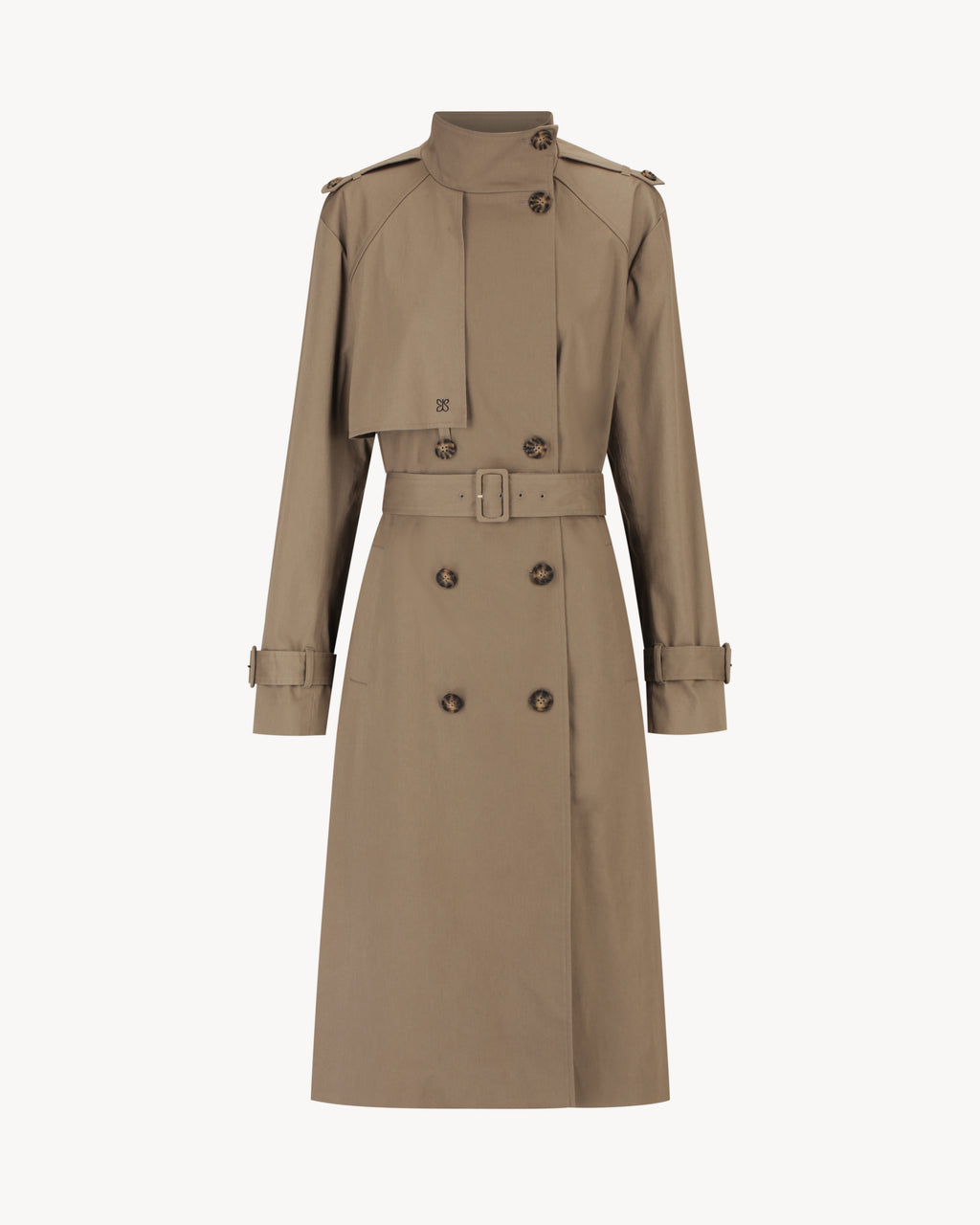 Celeste Trench Coat in Desert Taupe, a cotton funnel neck trench coat with structured silhouette.