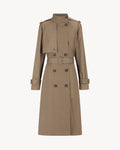 Celeste Trench Coat in Desert Taupe, a cotton funnel neck trench coat with structured silhouette.