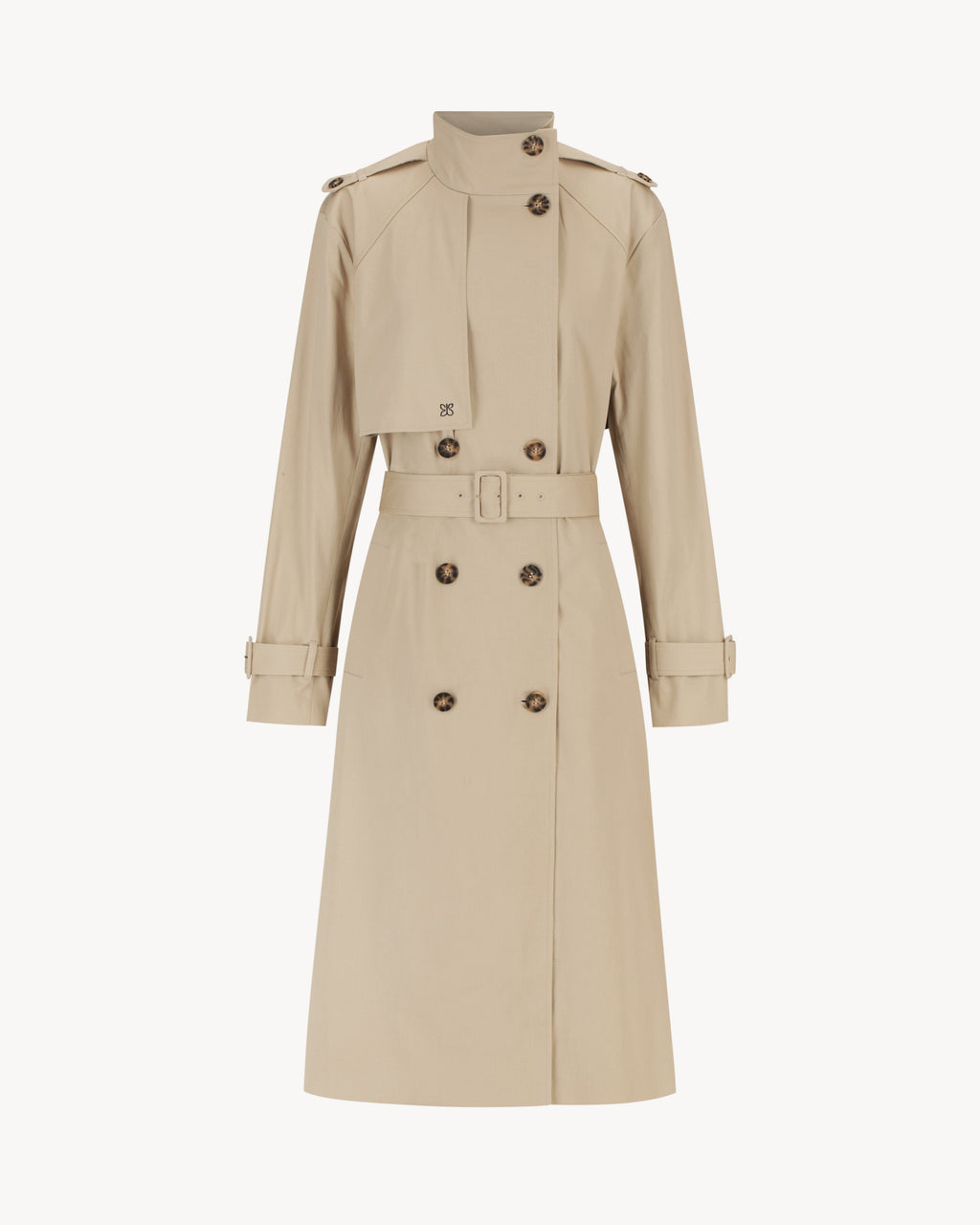 Celeste Trench Coat in White Pepper, a beige cotton funnel neck trench coat with structured silhouette.