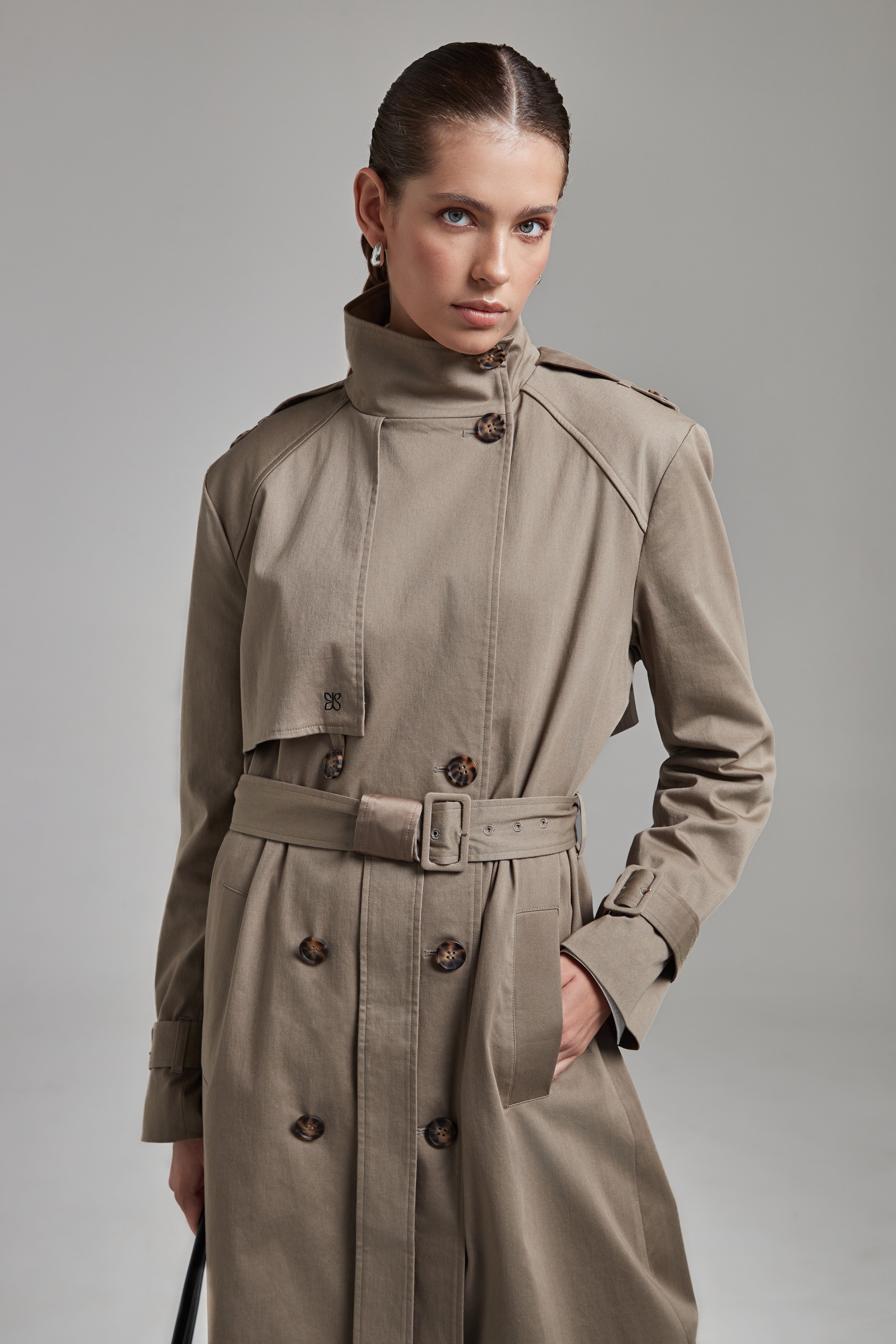 Celeste Trench in Desert Taupe | Taupe Cotton Trench Coat | E•L•S