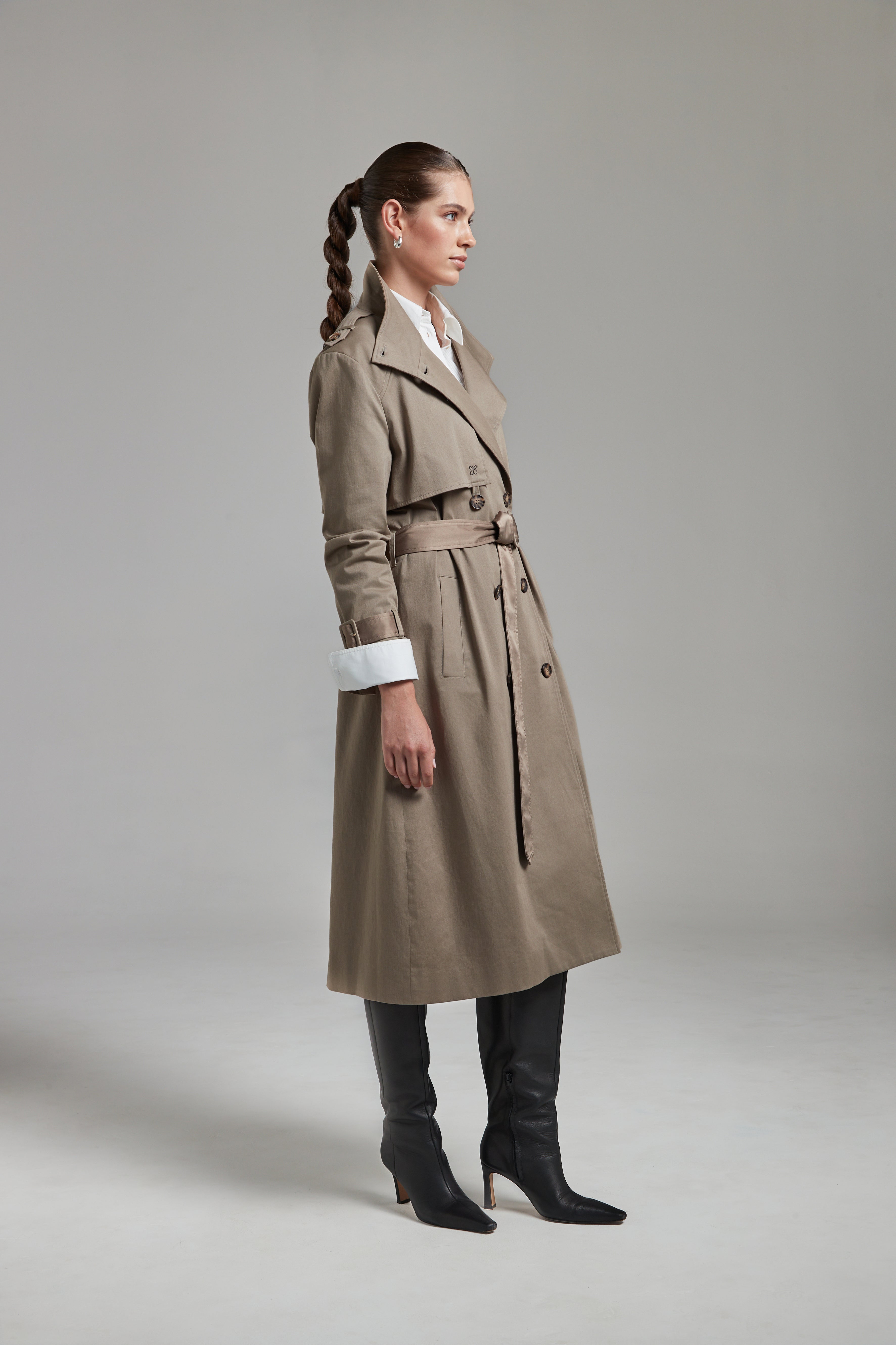Celeste Trench in Desert Taupe | Taupe Cotton Trench Coat | E•L•S