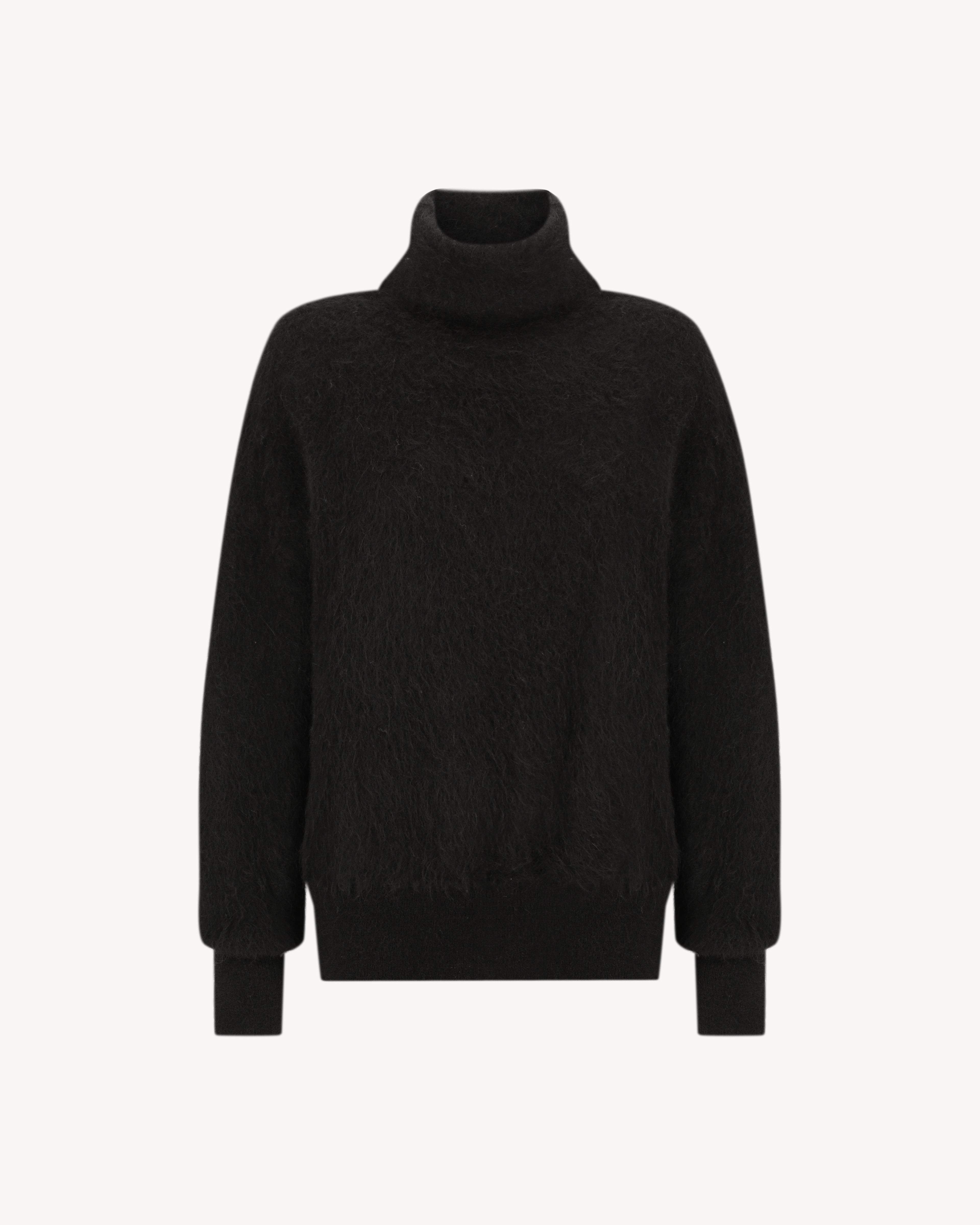 Lauren Turtleneck in Midnight Black, an alpaca turtleneck knit with long sleeves, brushed texture and soft stretch.