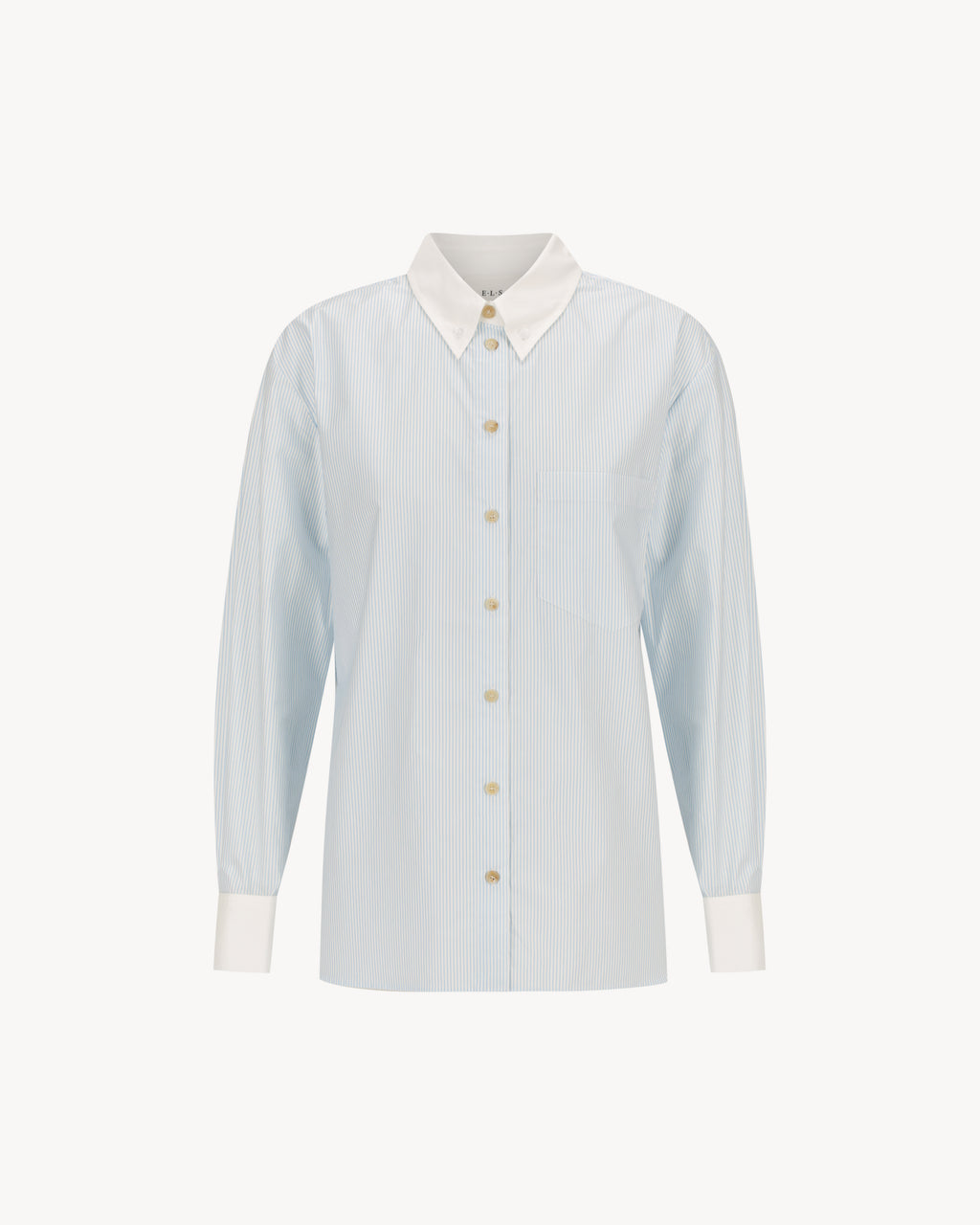 Margot Shirt – All Tied Up in light blue and white pinstripe, a cotton button-down shirt with internal tie-back waist shaping.