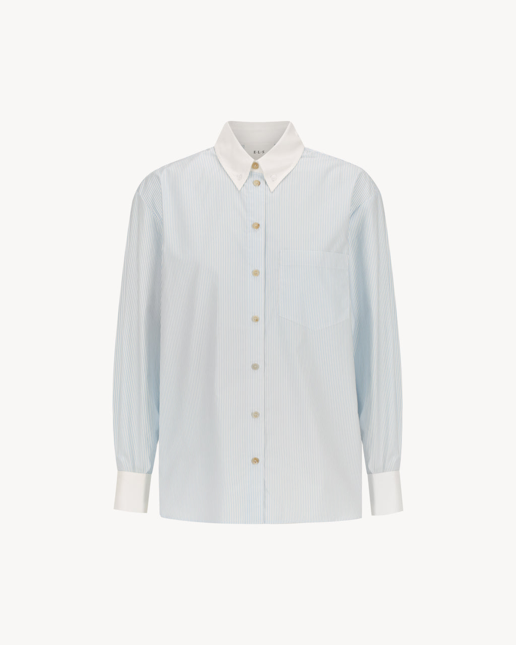 Margot Shirt – All Tied Up in light blue and white pinstripe, a cotton button-down shirt shown in a relaxed silhouette.
