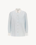 Margot Shirt – All Tied Up in light blue and white pinstripe, a cotton button-down shirt shown in a relaxed silhouette.