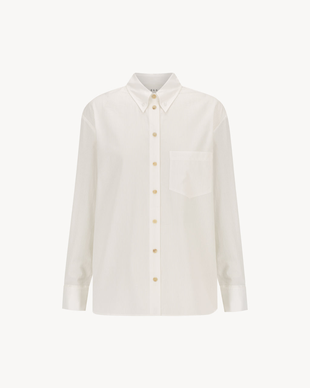 Margot Shirt in Cloud White, a white cotton button-down shirt with tonal pinstripe and natural horn buttons.