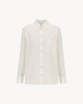 Margot Shirt in Cloud White, a white cotton button-down shirt with tonal pinstripe and natural horn buttons.