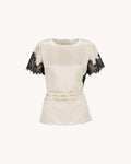 Paloma Top in Feather White, a satin lace panel top with black lace detailing and fitted silhouette.