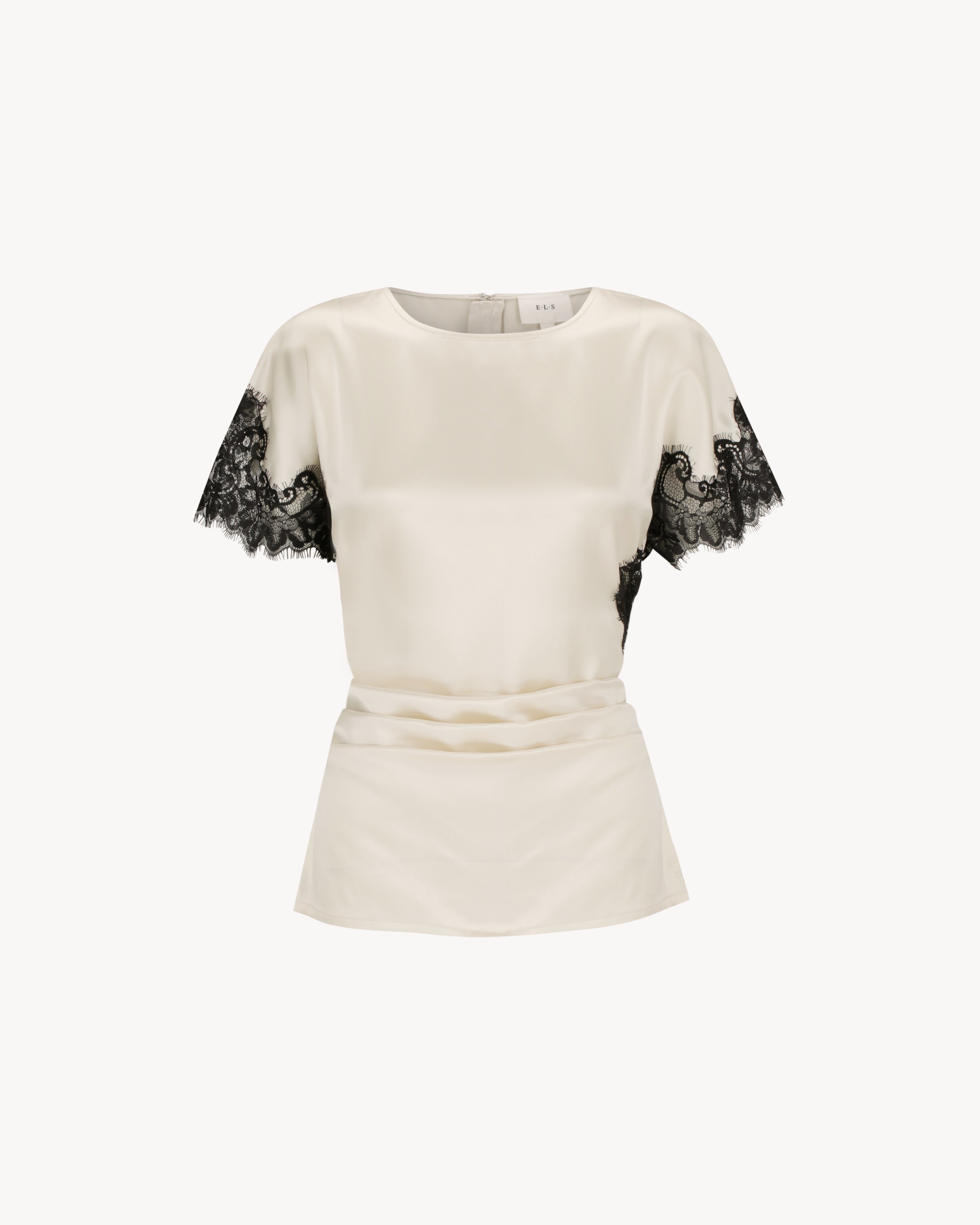 Paloma Top in Feather White, a satin lace panel top with black lace detailing and fitted silhouette.