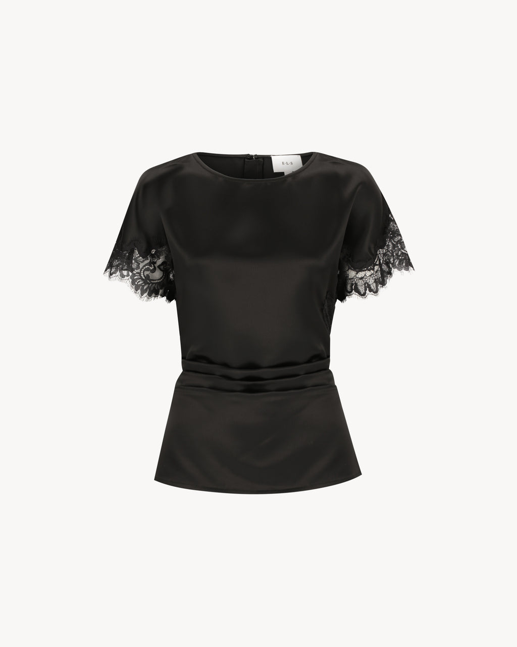 Paloma Top in Midnight Black, a satin lace panel top with tonal lace detailing and fitted silhouette.