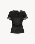 Paloma Top in Midnight Black, a satin lace panel top with tonal lace detailing and fitted silhouette.
