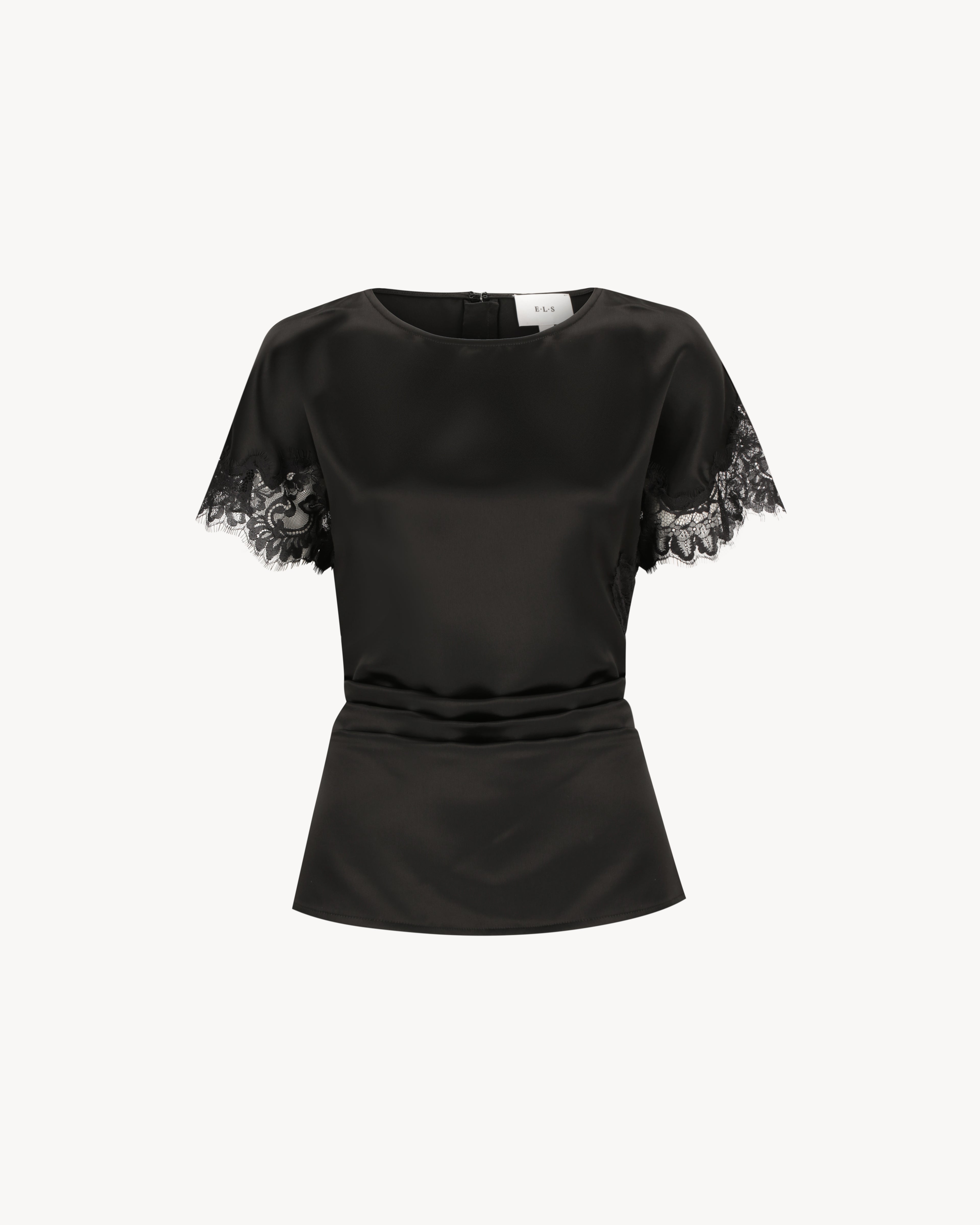Paloma Top in Midnight Black, a satin lace panel top with tonal lace detailing and fitted silhouette.