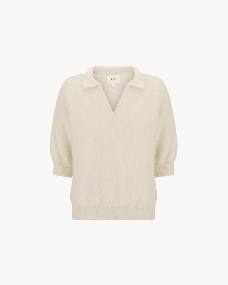 Stella Polo Knit in Feather White, an alpaca polo knit with short sleeves, brushed texture and soft stretch.