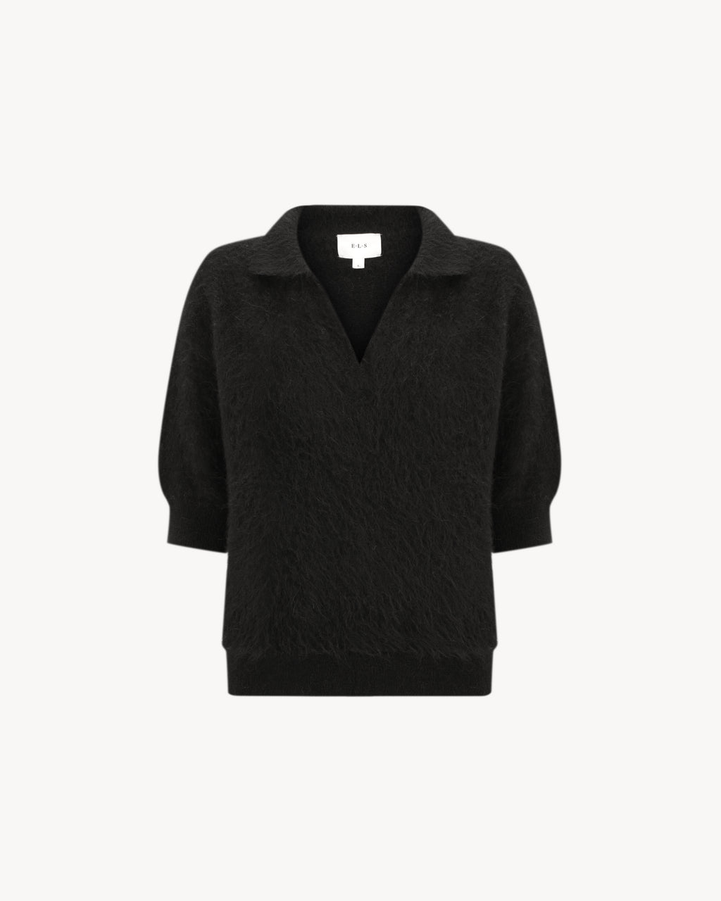 Stella Polo Knit in Midnight Black, an alpaca polo knit with short sleeves, brushed texture and soft stretch.