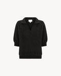 Stella Polo Knit in Midnight Black, an alpaca polo knit with short sleeves, brushed texture and soft stretch.