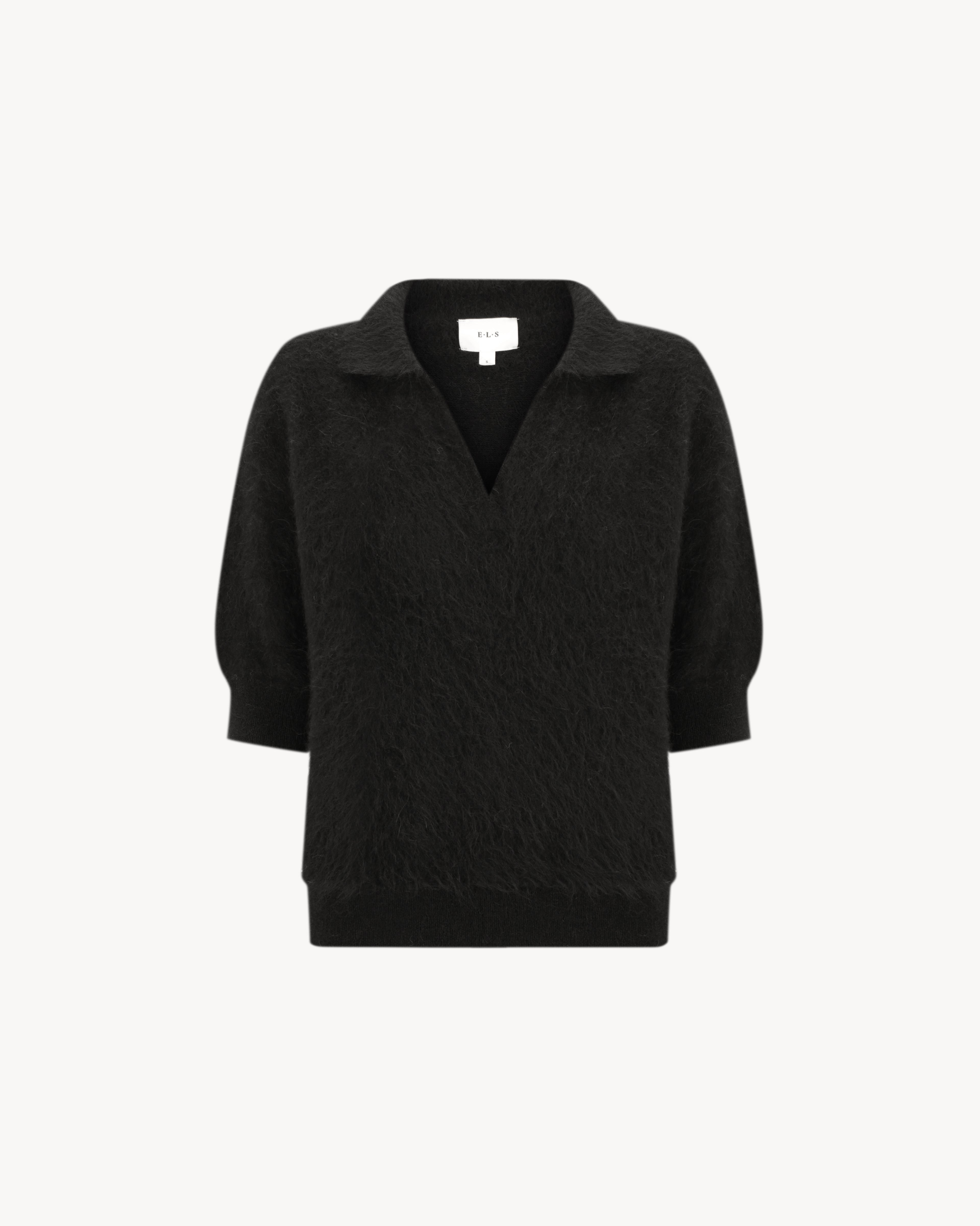 Stella Polo Knit in Midnight Black, an alpaca polo knit with short sleeves, brushed texture and soft stretch.