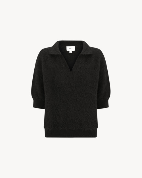 Stella Polo Knit in Midnight Black, an alpaca polo knit with short sleeves, brushed texture and soft stretch.