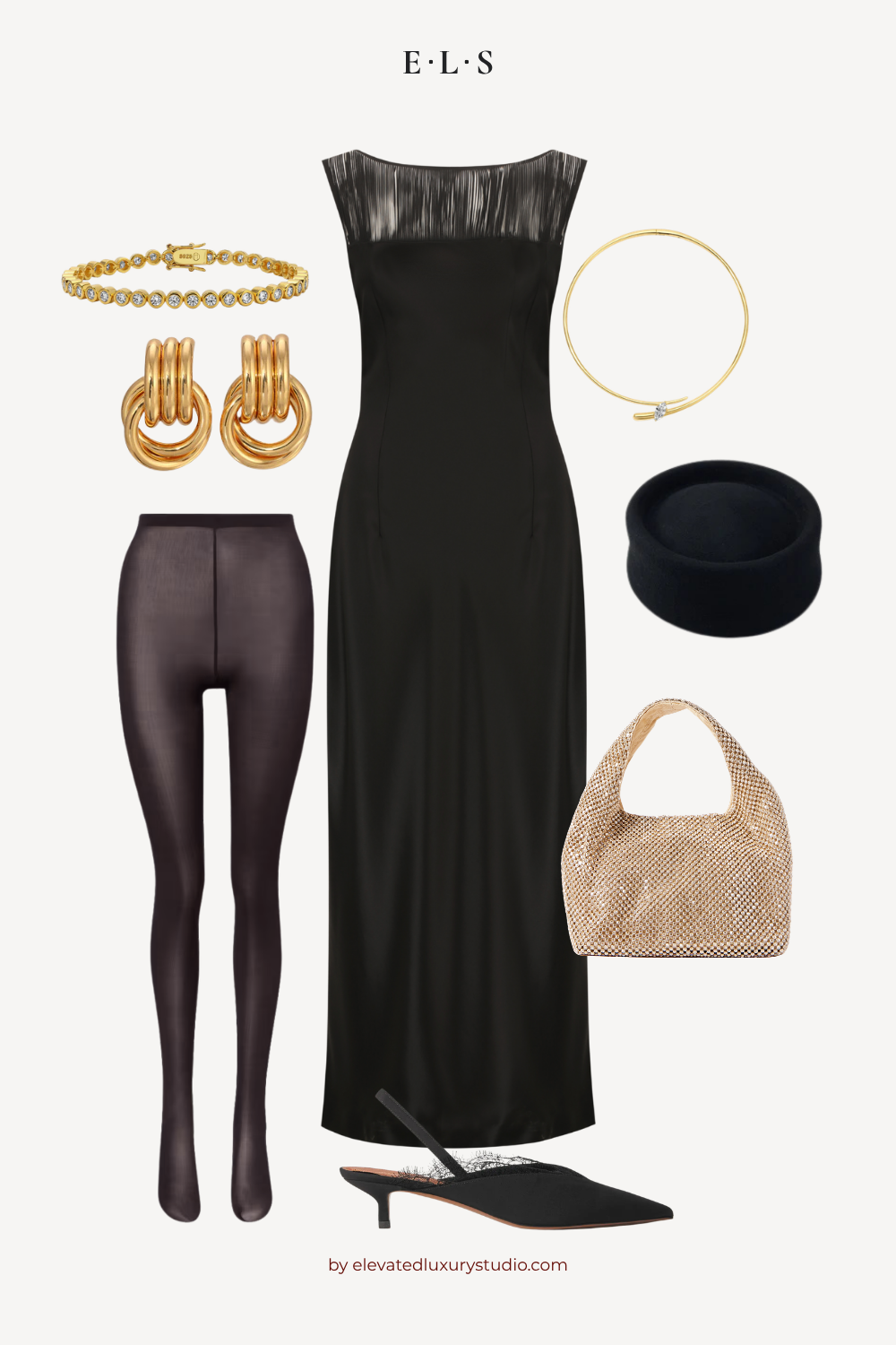 E.L.S black fringe maxi dress styled with sheer tights, gold jewellery, an evening bag and pointed heels for occasion dressing.