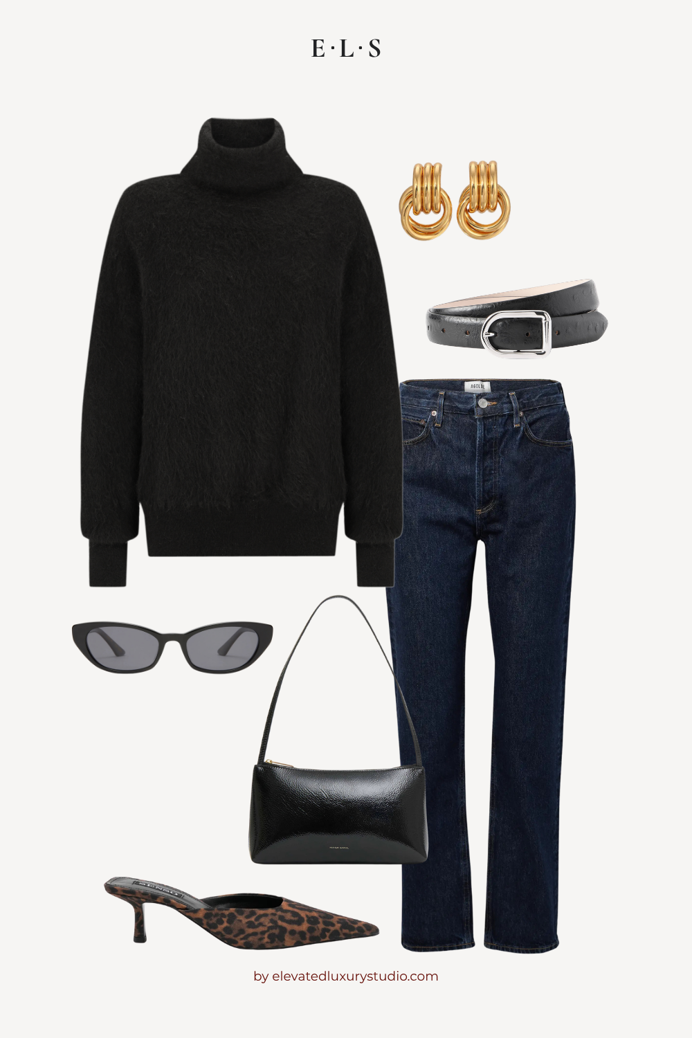 Alpaca wool black turtleneck sweater, indigo blue jeans, black handbag, sunglasses, leopard high heels and gold earrings. 