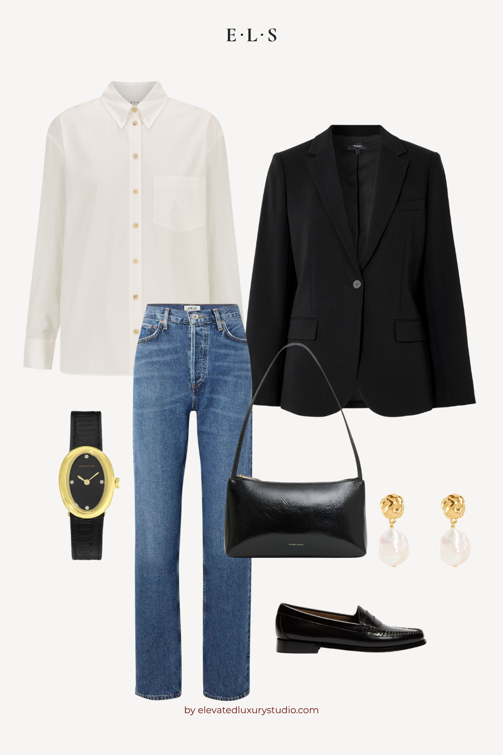 white button-up shirt styled with blue denim, black blazer, loafers and leather accessories for a modern classic look.