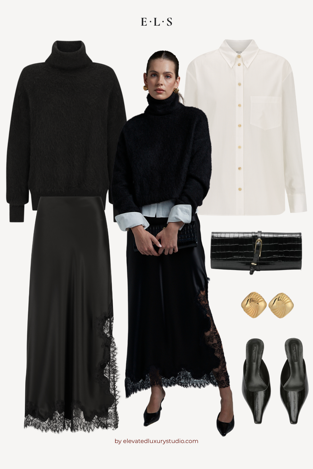 E.L.S fashion outfit with black alpaca wool turtleneck, white cotton button up shirt, black lace maxi skirt, black heels and gold earrings.
