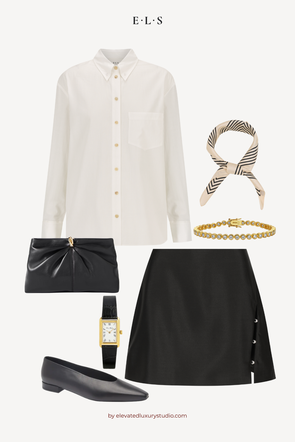 E.L.S white button-up shirt styled with a black mini skirt, scarf, ballet flats and refined accessories.