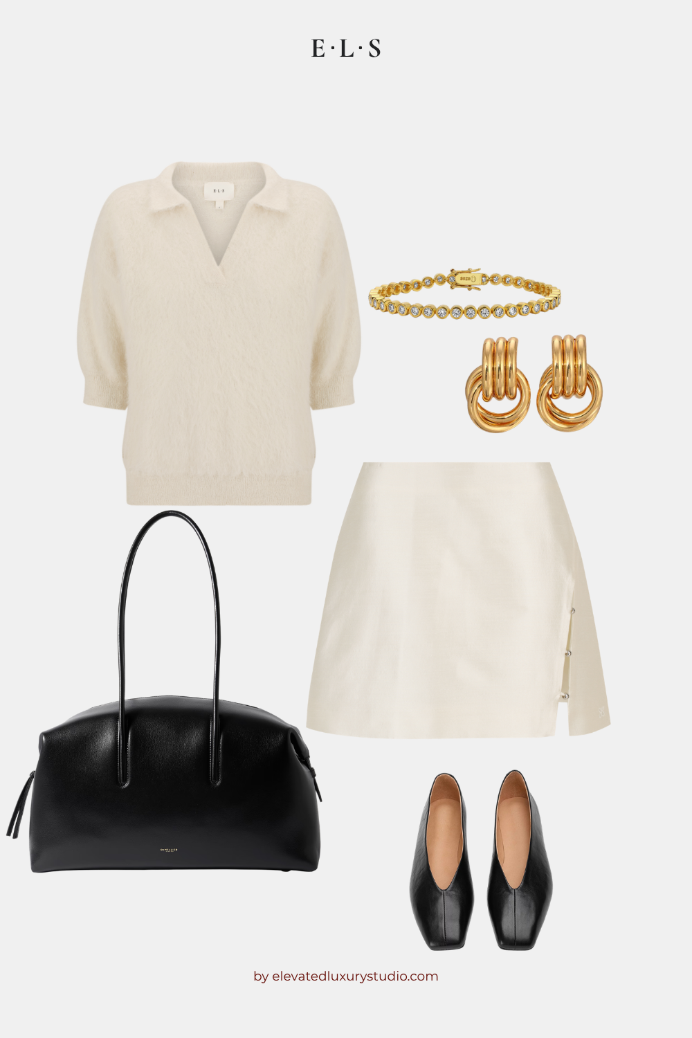 E.L.S white short sleeve polo knit alpaca wool with a white mini silk wool skirt, black leather tote bag and black ballet flats.