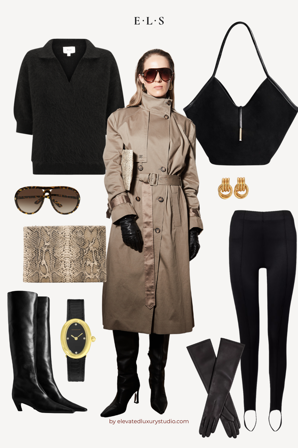 E.L.S black alpaca wool polo knit styled with a taupe cotton funnel neck trench coat, black boots and leather accessories