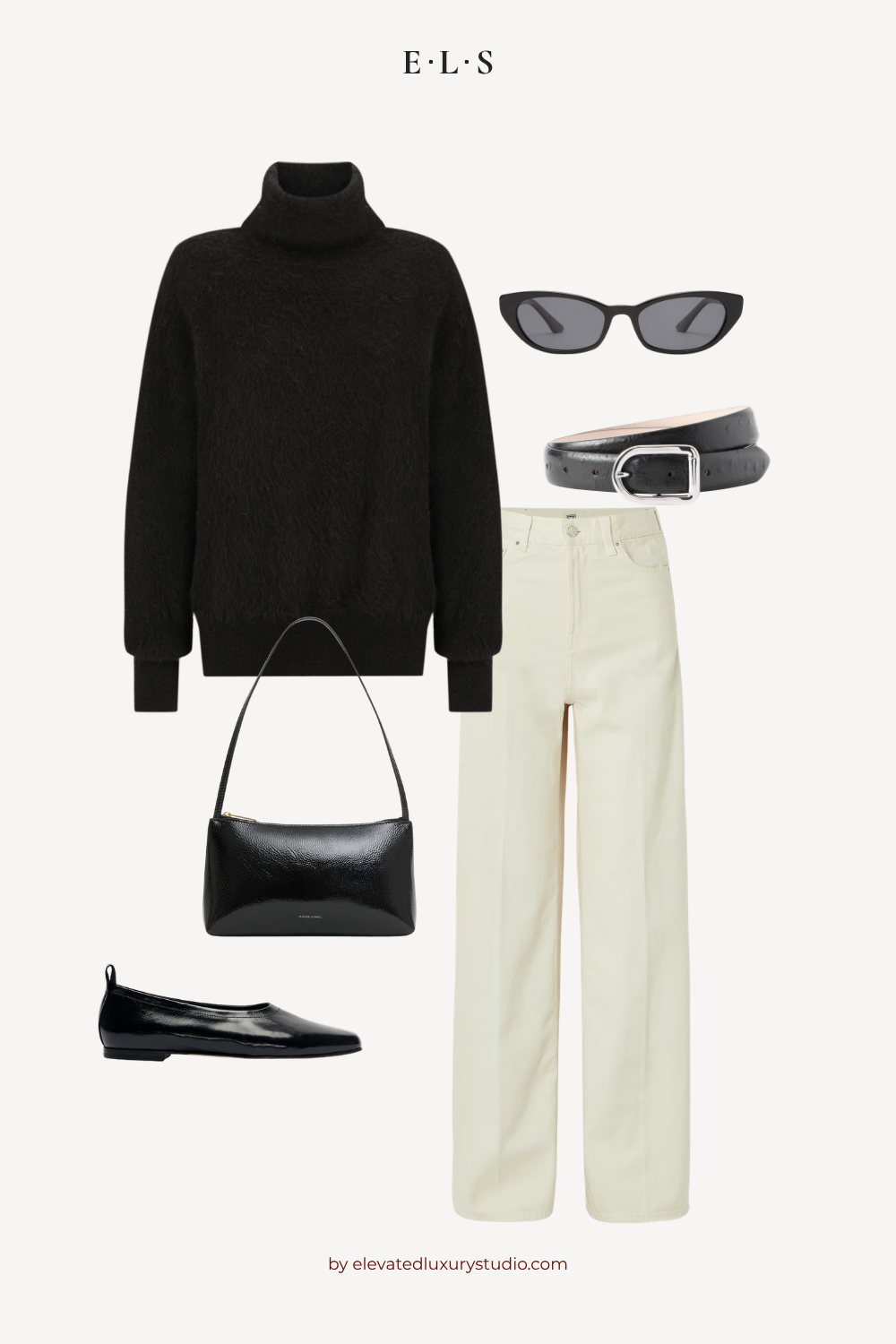 E.L.S black turtleneck knit styled with cream denim, black leather accessories and flats for a minimalist weekend look.