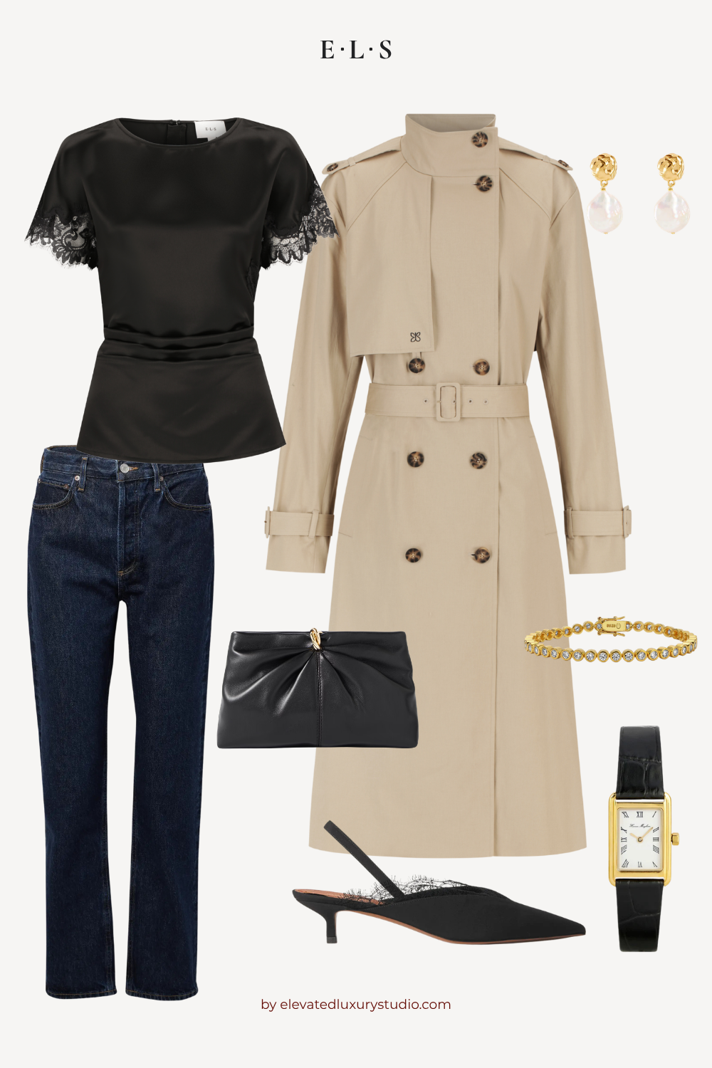 E.L.S black lace top styled with blue indigo denim jeans, a beige cotton funnel neck trench coat and black clutch, high heels, gold bracelet.