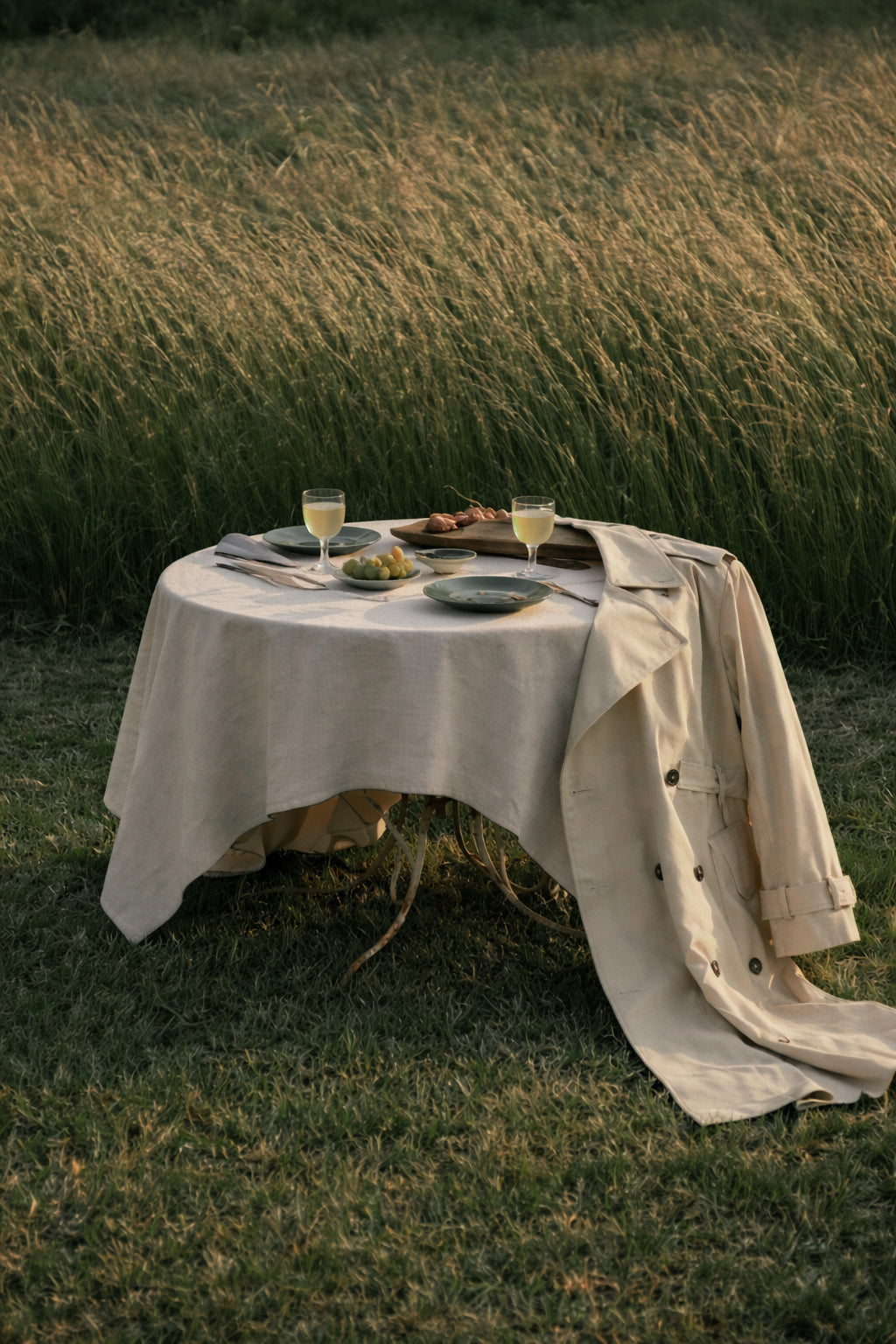The Celeste Trench Coat in White Pepper, a cotton trench coat draped over an outdoor table with grapes and wine glasses.